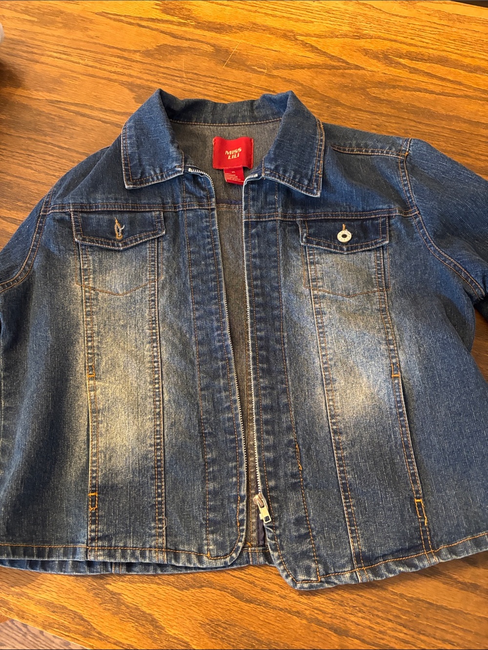 Distressed Miss Lili Blue Washed Denim Jacket with Zipper